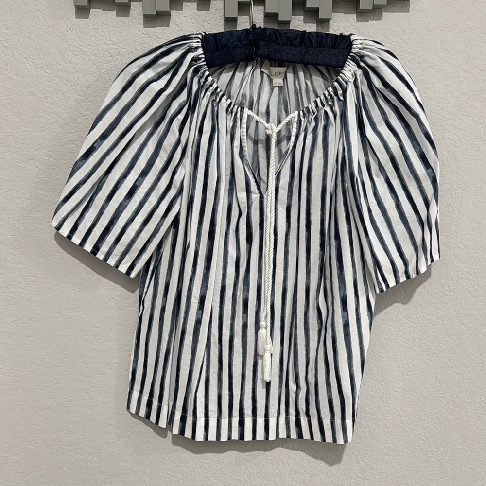 LOFT Black and White Puff Sleeve Smocked Blouse